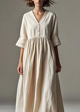 Load image into Gallery viewer, Loose Beige V Neck Wrinkled Patchwork Linen Long Dresses Summer