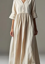 Load image into Gallery viewer, Loose Beige V Neck Wrinkled Patchwork Linen Long Dresses Summer