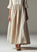 Load image into Gallery viewer, Loose Beige V Neck Wrinkled Patchwork Linen Long Dresses Summer