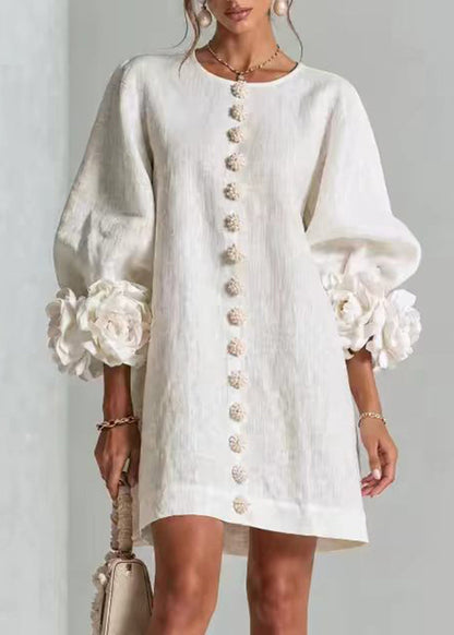 Loose Beige White O-Neck Stereoscopic Floral Dress Lantern Sleeve