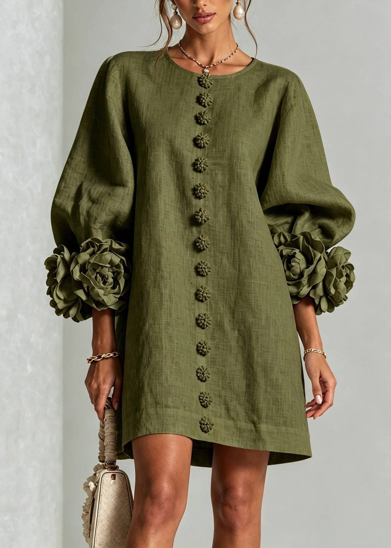 Loose Beige White O-Neck Stereoscopic Floral Dress Lantern Sleeve