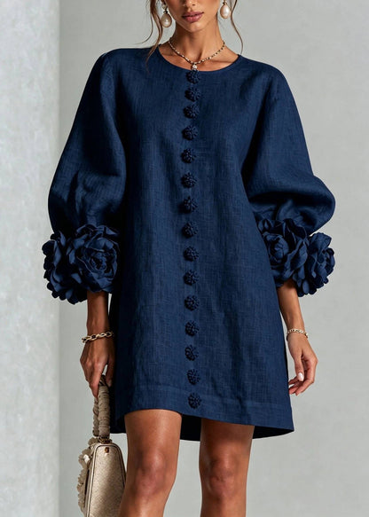 Loose Beige White O-Neck Stereoscopic Floral Dress Lantern Sleeve