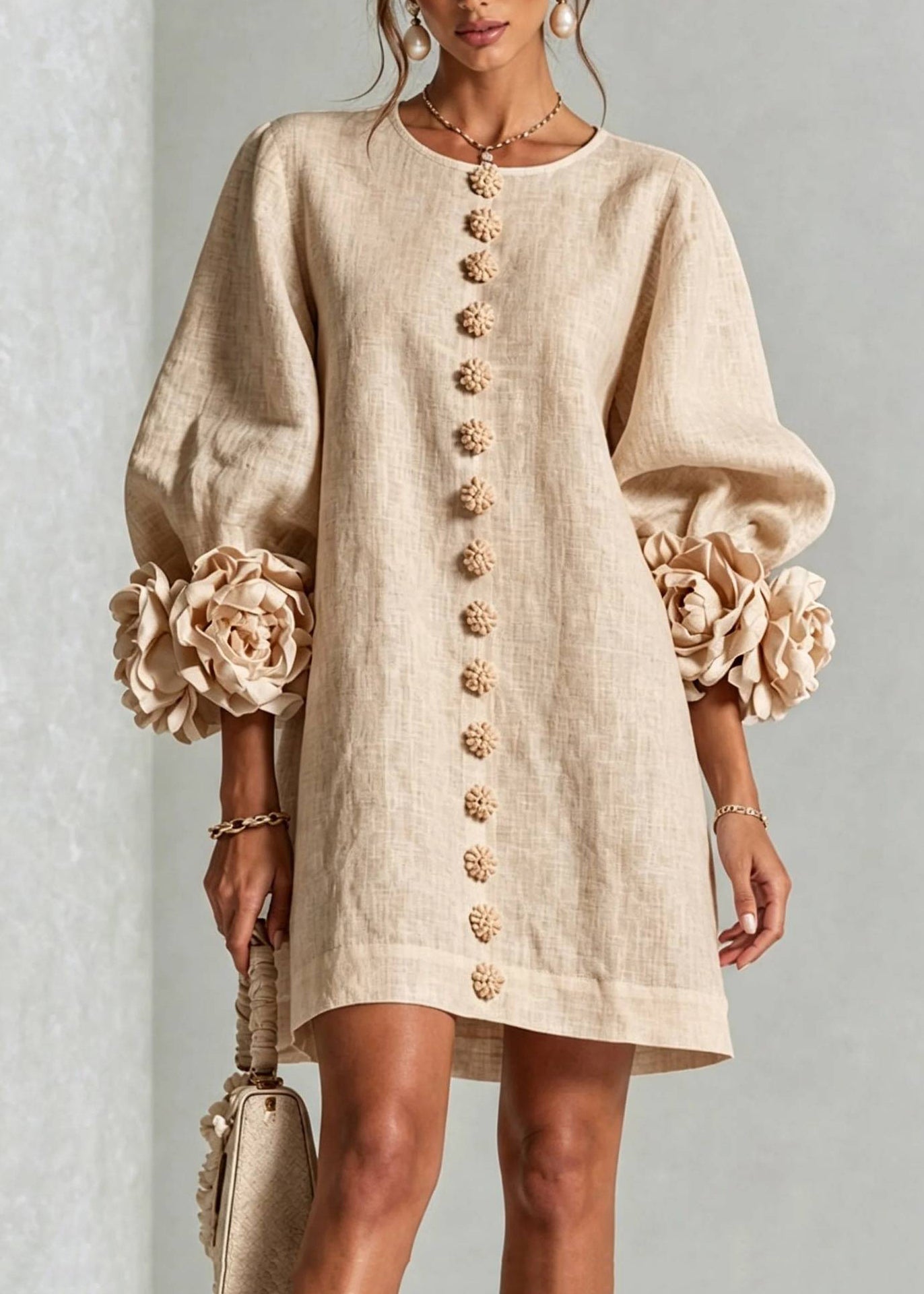 Loose Beige White O-Neck Stereoscopic Floral Dress Lantern Sleeve