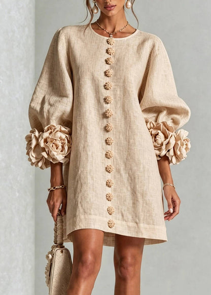 Loose Beige White O-Neck Stereoscopic Floral Dress Lantern Sleeve