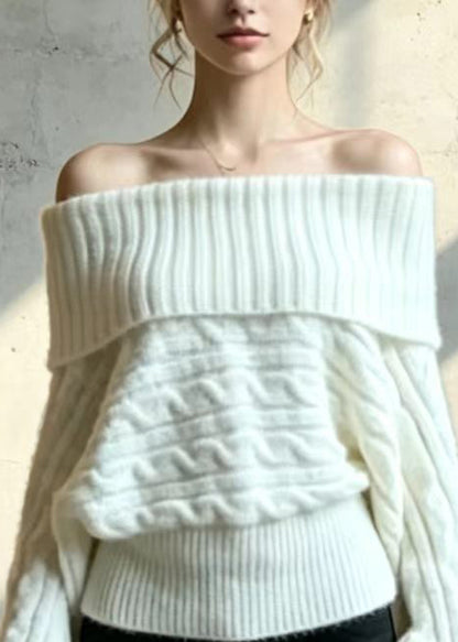 Loose Beige White Slash Neck Knitted Tops Fall