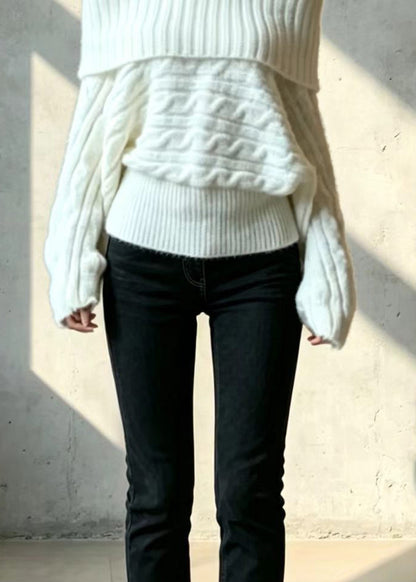 Loose Beige White Slash Neck Knitted Tops Fall