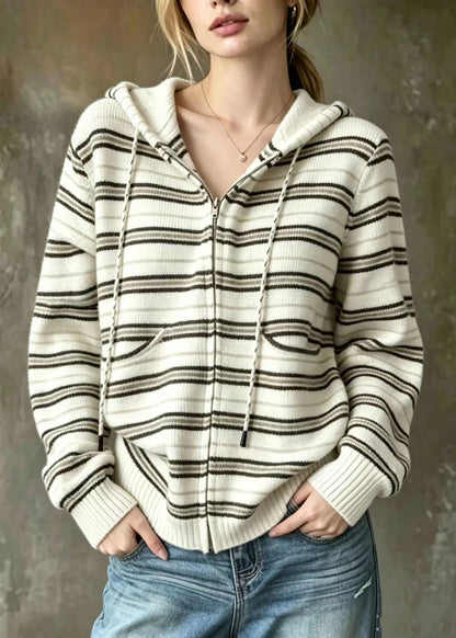 Loose Beige White Striped Hooded Drawstring Knit Cardigan Fall