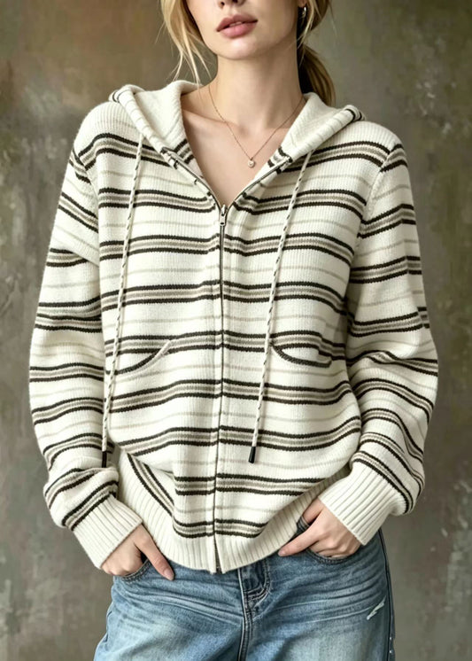Loose Beige White Striped Hooded Drawstring Knit Cardigan Fall
