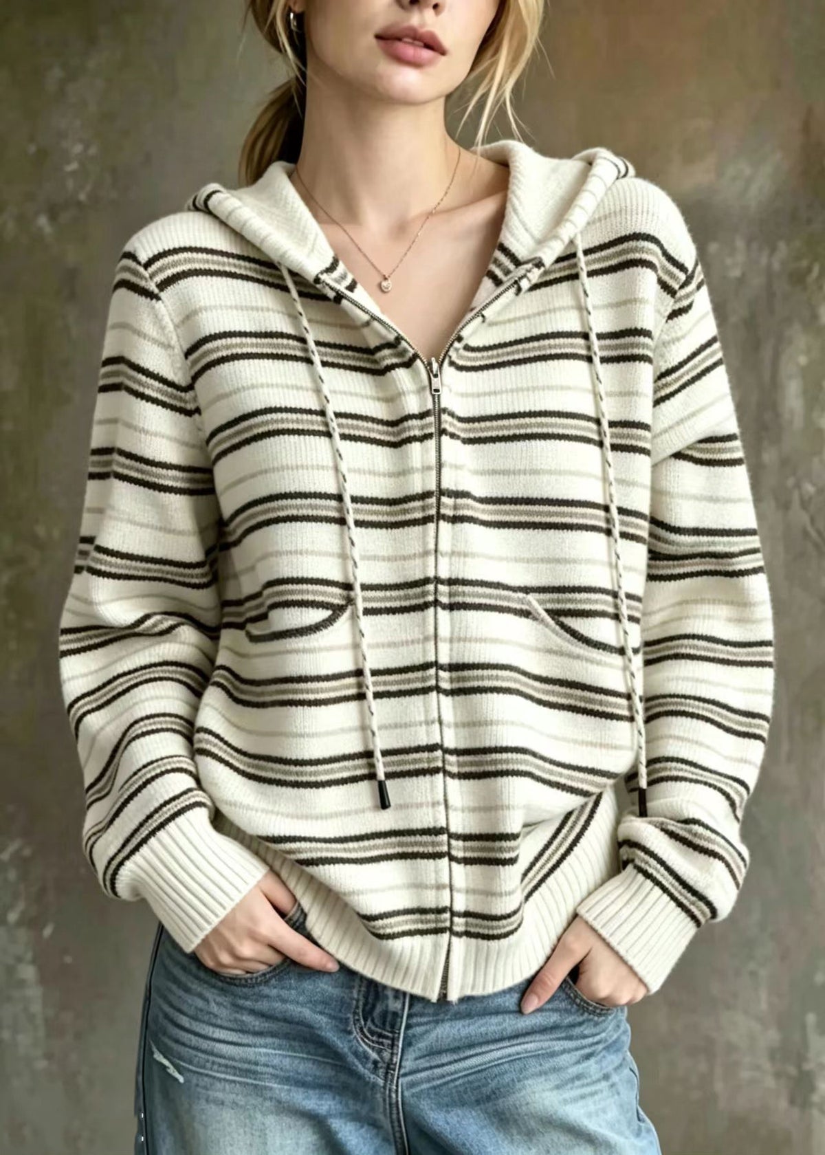 Loose Beige White Striped Hooded Drawstring Knit Cardigan Fall