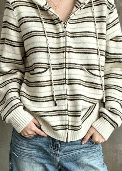 Loose Beige White Striped Hooded Drawstring Knit Cardigan Fall