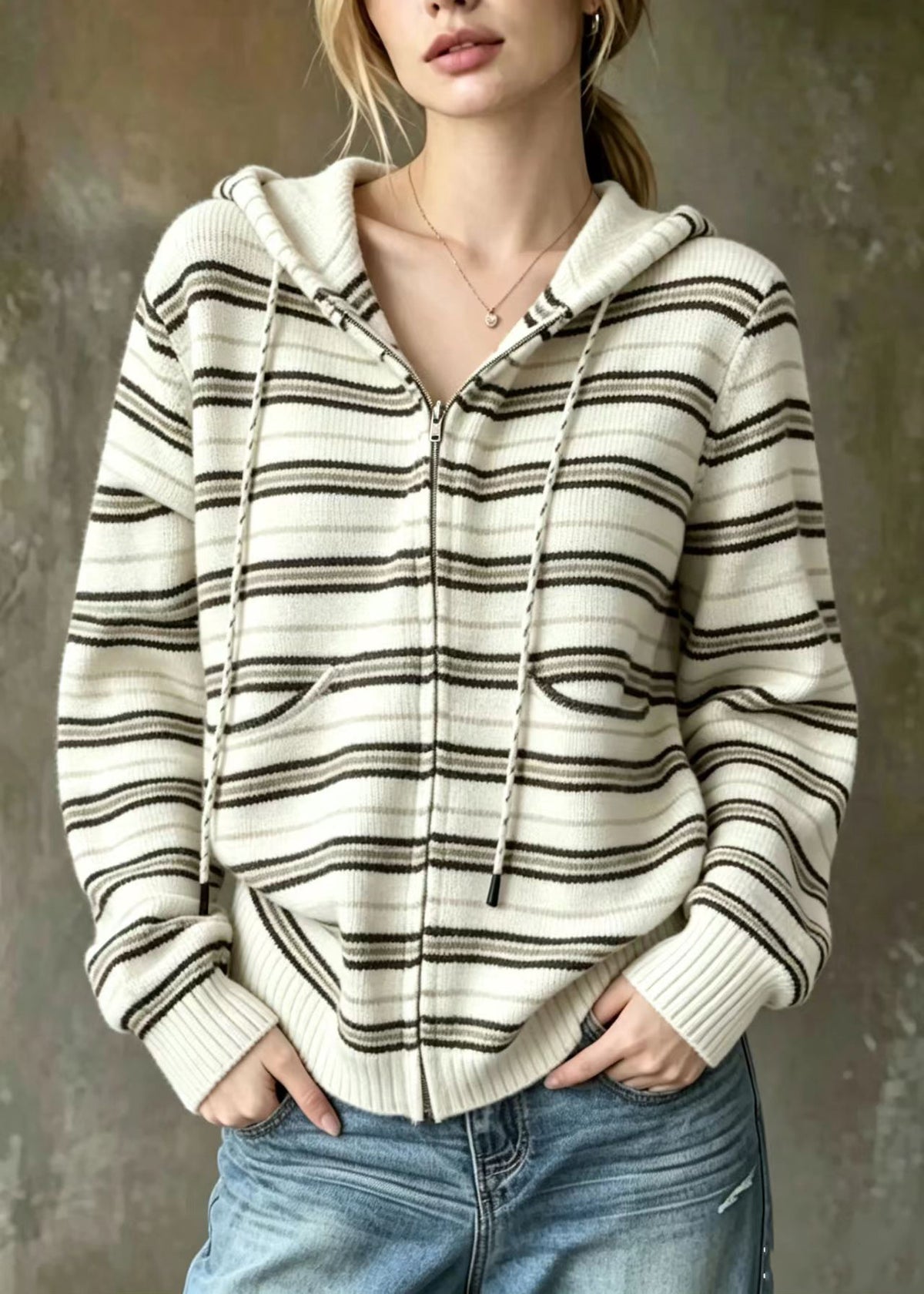 Loose Beige White Striped Hooded Drawstring Knit Cardigan Fall