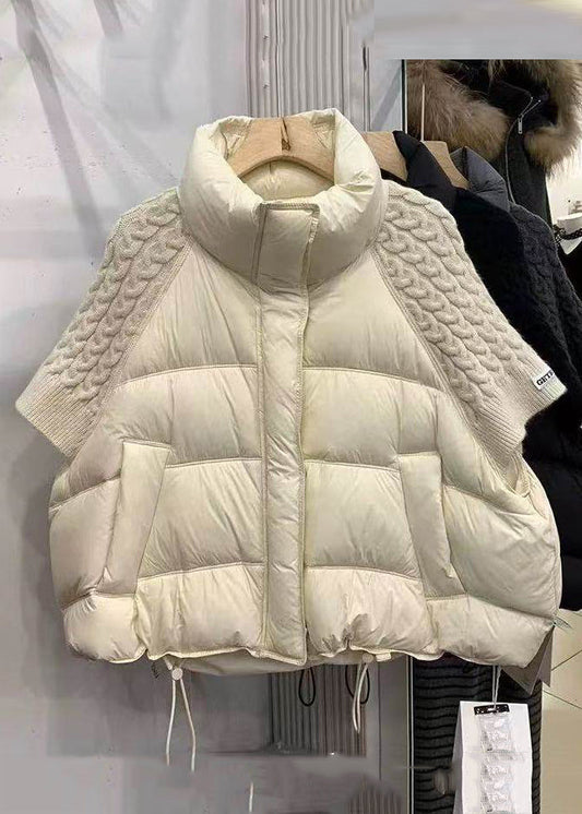 Loose Beige Zip Up Drawstring Knit Patchwork Duck Down Down Coats