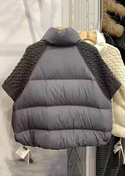 Loose Beige Zip Up Drawstring Knit Patchwork Duck Down Down Coats