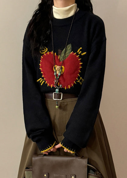 Loose Black Apple Cozy Patchwork Sweater Spring