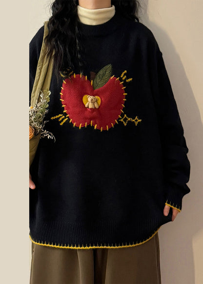 Loose Black Apple Cozy Patchwork Sweater Spring