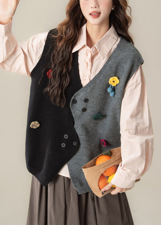 Loose Black Asymmetrical Floral Patchwork Knit Vest Top Sleeveless