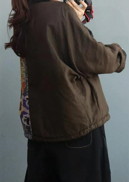 Loose Black Asymmetrical Print Patchwork Cotton Coats Fall