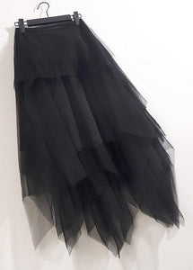 Loose Black Grey Asymmetrical Wrinkled Tulle Skirts Summer