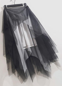 Loose Black Grey Asymmetrical Wrinkled Tulle Skirts Summer