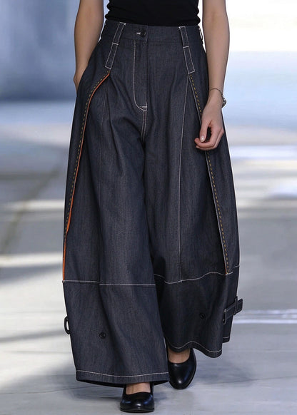 Loose Black Grey Contrast Stitching High Waist Denim Wide Leg Pants Fall
