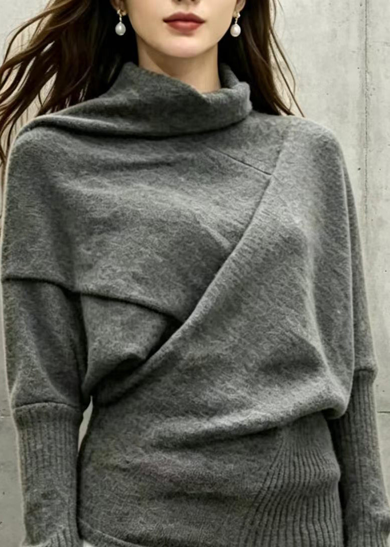Loose Black Grey Turtleneck Asymmetrical Knit Top Batwing Sleeve