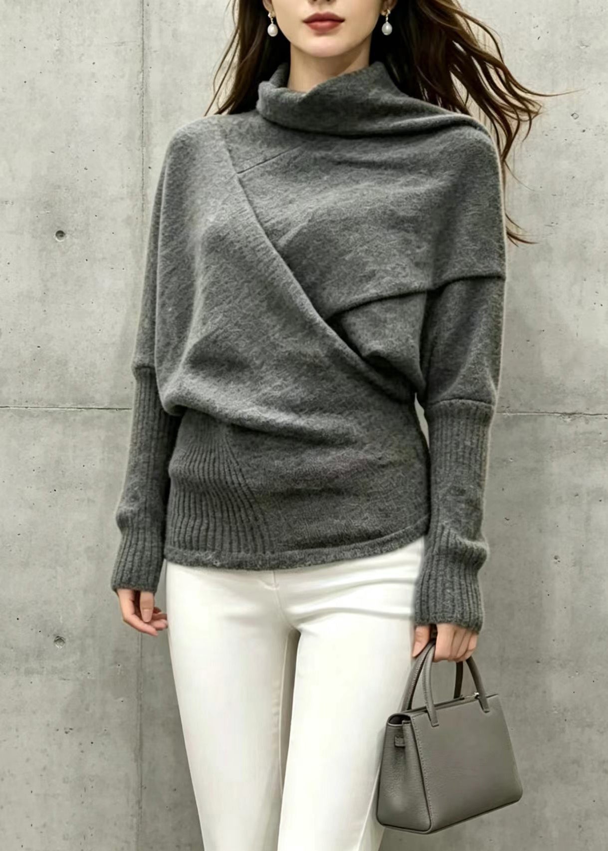 Loose Black Grey Turtleneck Asymmetrical Knit Top Batwing Sleeve