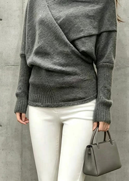 Loose Black Grey Turtleneck Asymmetrical Knit Top Batwing Sleeve