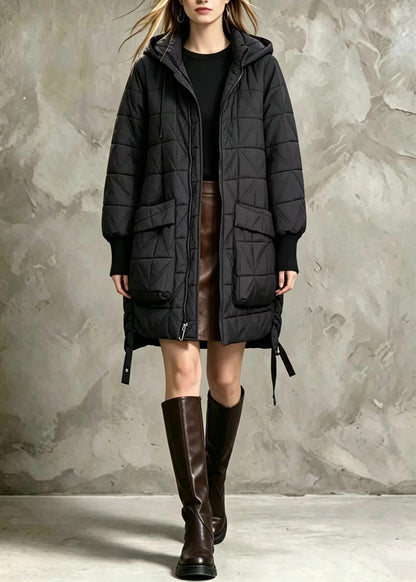 Loose Black Hooded Big Pockets Diamond Quilted Cotton Filled Coats Winter