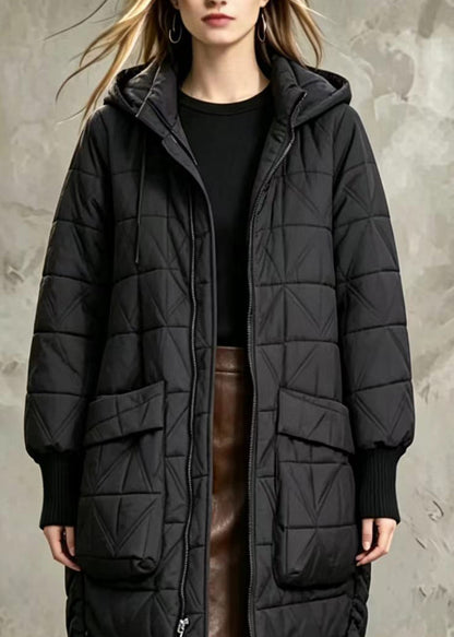 Loose Black Hooded Big Pockets Diamond Quilted Cotton Filled Coats Winter