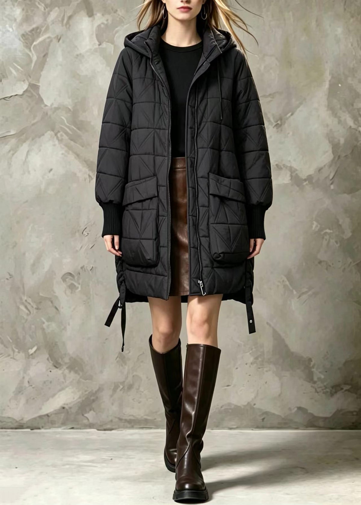 Loose Black Hooded Big Pockets Diamond Quilted Cotton Filled Coats Winter
