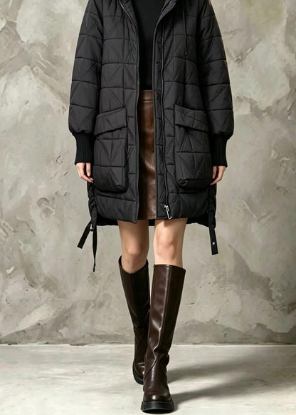 Loose Black Hooded Big Pockets Diamond Quilted Cotton Filled Coats Winter