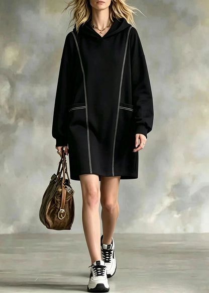 Loose Black Hooded Contrast Stitch Pockets Mid Sweatshirts Fall