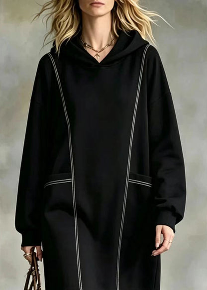 Loose Black Hooded Contrast Stitch Pockets Mid Sweatshirts Fall
