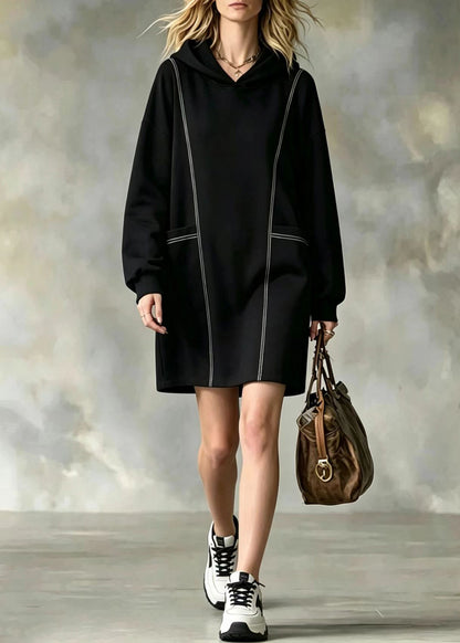 Loose Black Hooded Contrast Stitch Pockets Mid Sweatshirts Fall