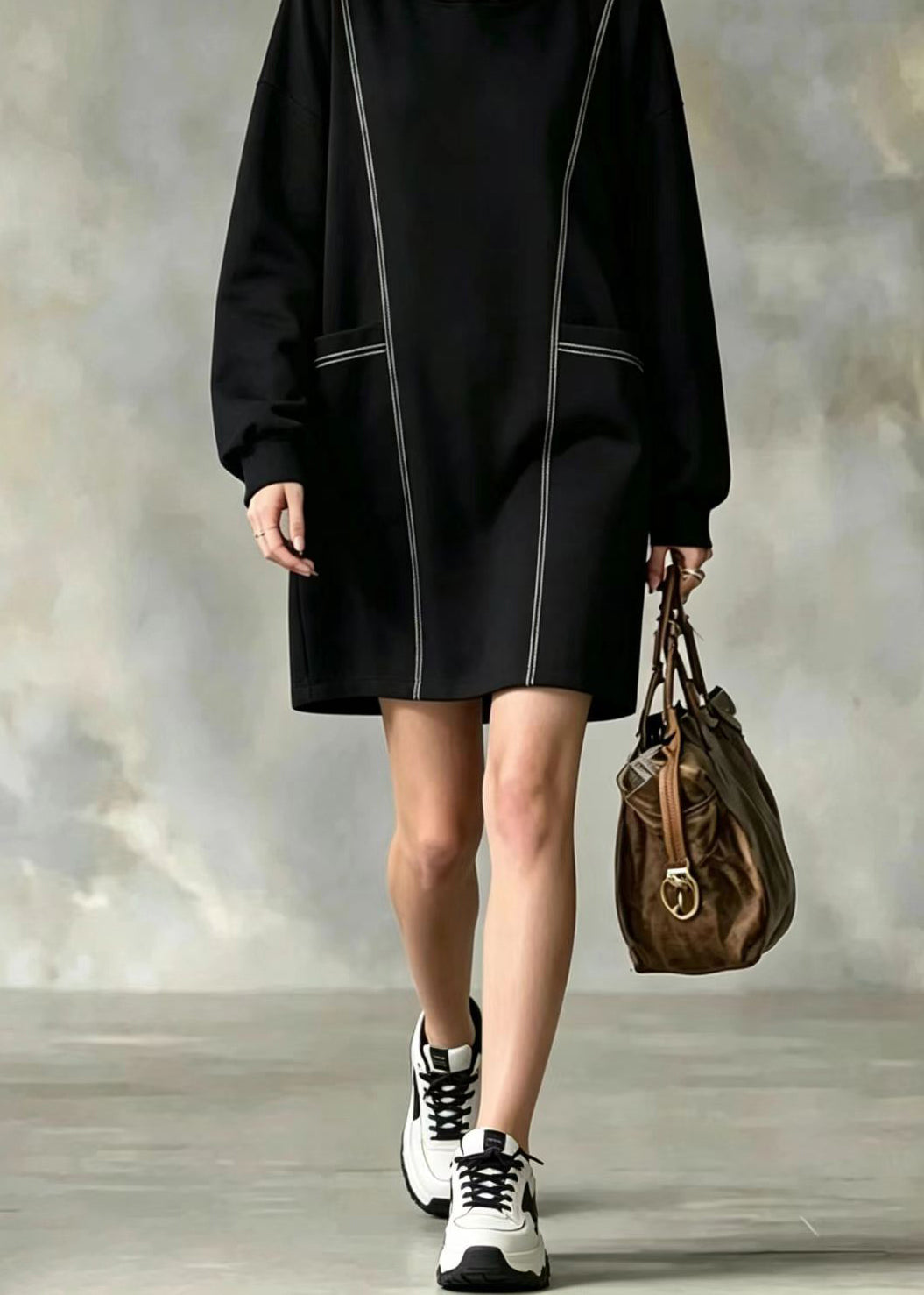 Loose Black Hooded Contrast Stitch Pockets Mid Sweatshirts Fall