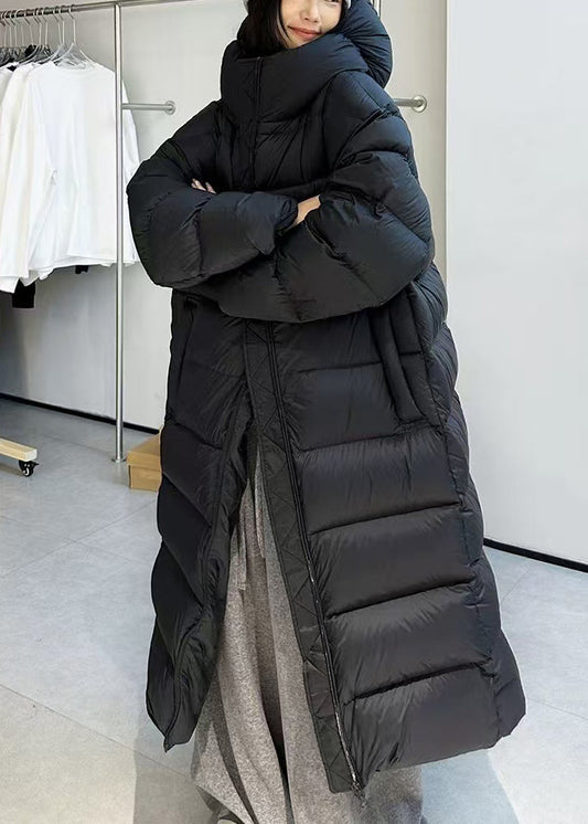 Loose Black Hooded Drawstring Duck Down Long Coats Winter