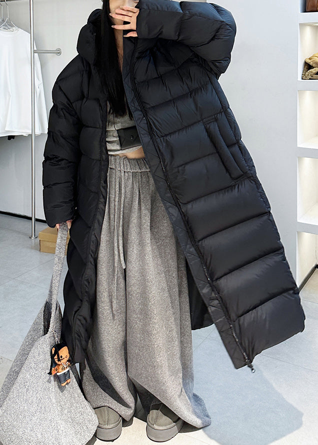 Loose Black Hooded Drawstring Duck Down Long Coats Winter