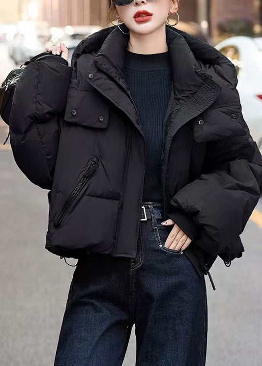 Loose Black Hooded Duck Down Puffer Coat Winter