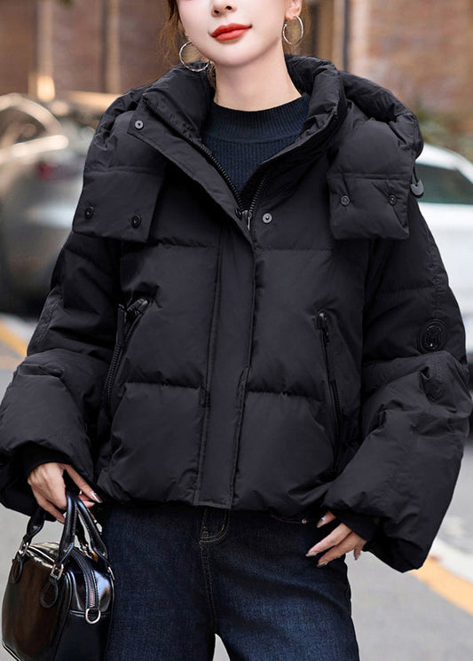 Loose Black Hooded Duck Down Puffer Coat Winter