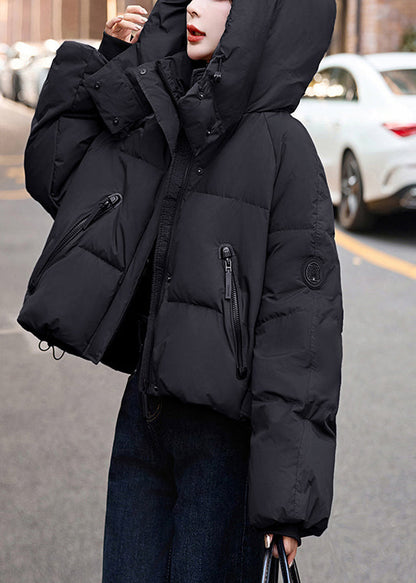 Loose Black Hooded Duck Down Puffer Coat Winter