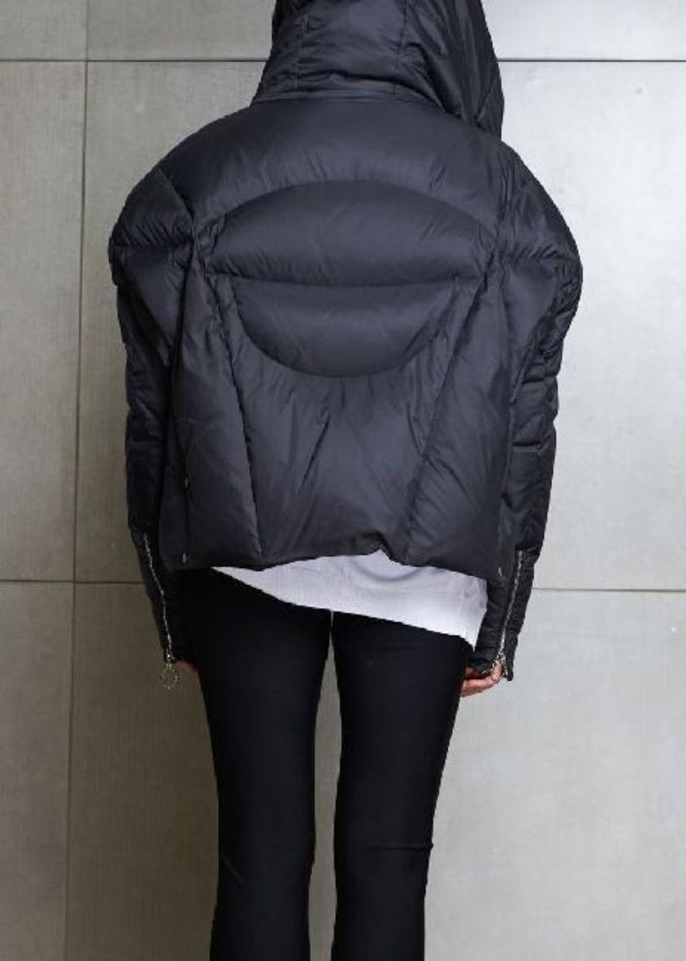 Loose Black Hooded Zip Up Duck Down Down Coat Winter