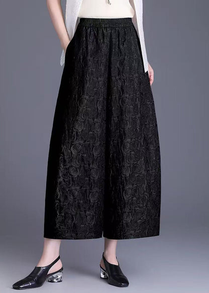 Loose Black Jacquard Pockets Elastic Waist Wide Leg Crop Pants Summer