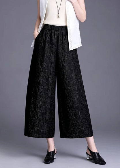 Loose Black Jacquard Pockets Elastic Waist Wide Leg Crop Pants Summer