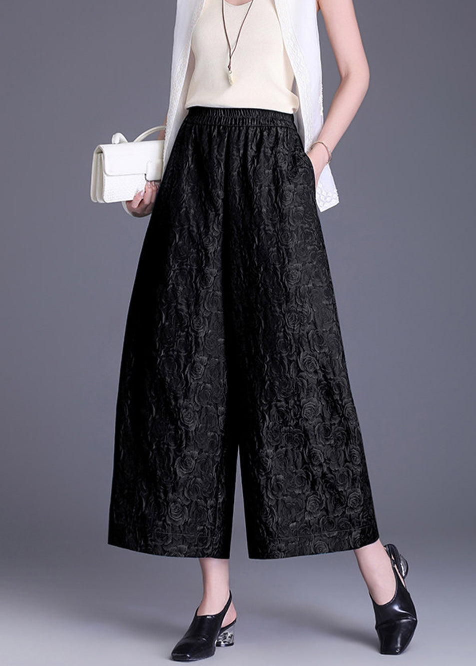 Loose Black Jacquard Pockets Elastic Waist Wide Leg Crop Pants Summer