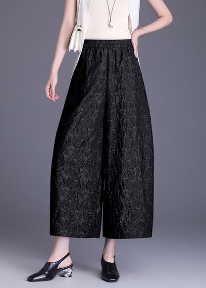 Loose Black Jacquard Pockets Elastic Waist Wide Leg Crop Pants Summer