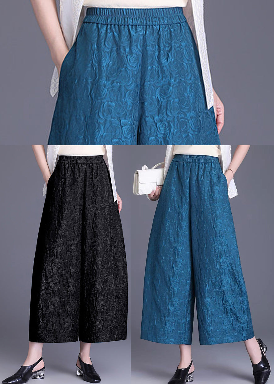 Loose Black Jacquard Pockets Elastic Waist Wide Leg Crop Pants Summer