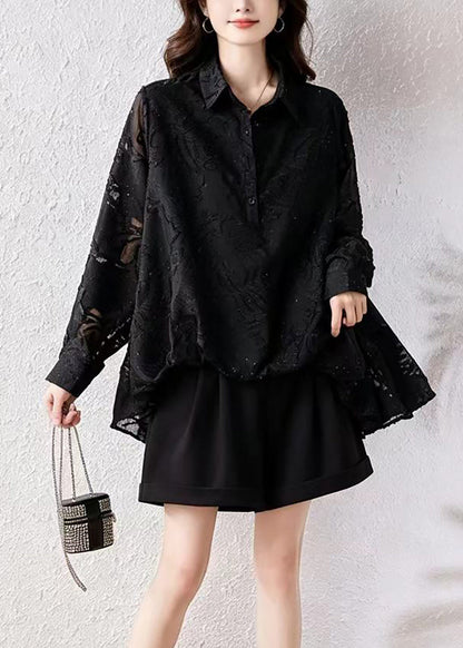 Loose Black Jacquard Turn-Down Collar Ruffles Rhinestone Shirts Fall