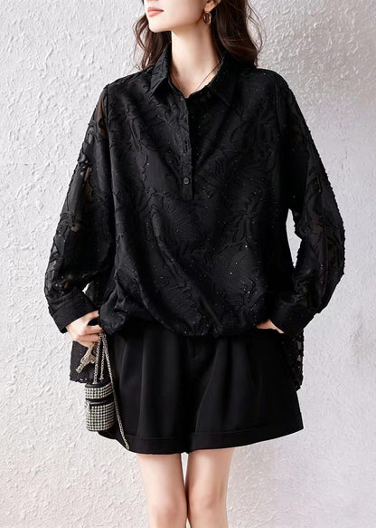 Loose Black Jacquard Turn-Down Collar Ruffles Rhinestone Shirts Fall