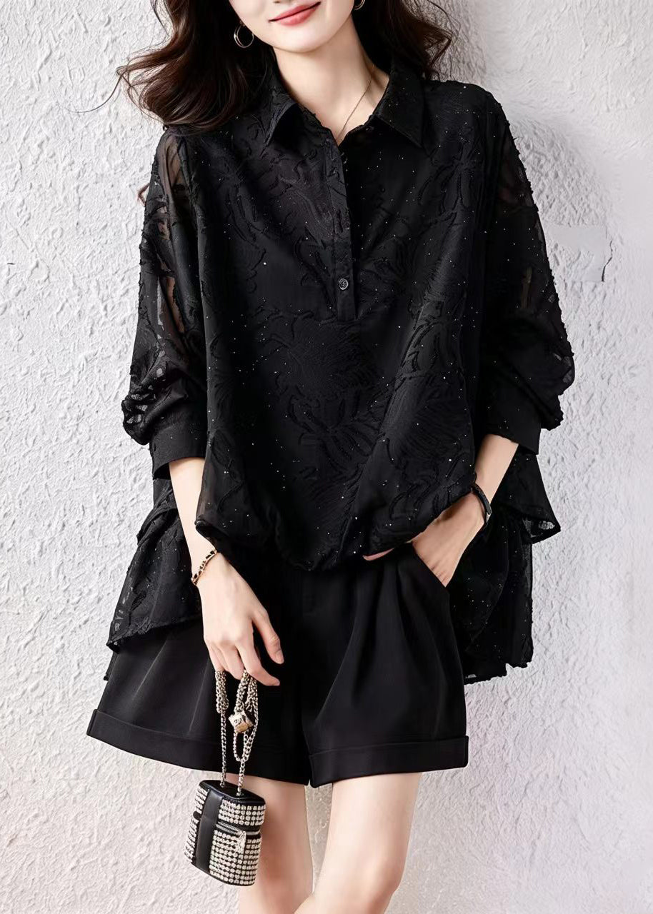 Loose Black Jacquard Turn-Down Collar Ruffles Rhinestone Shirts Fall