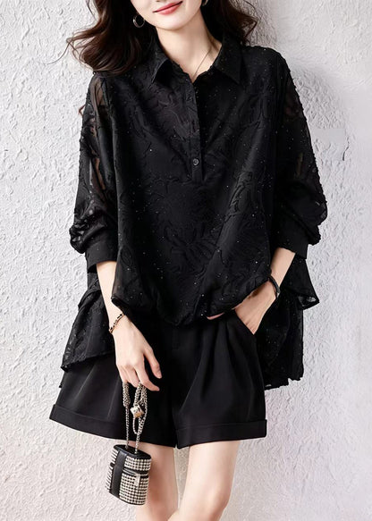 Loose Black Jacquard Turn-Down Collar Ruffles Rhinestone Shirts Fall